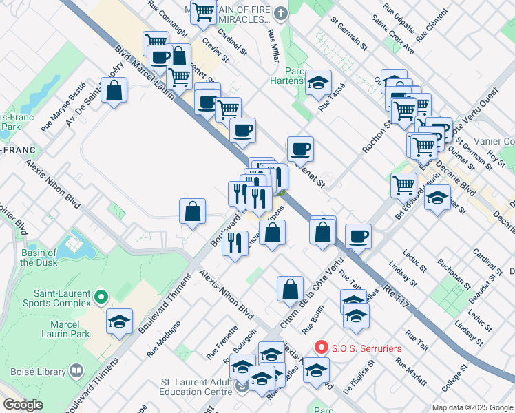 map of restaurants, bars, coffee shops, grocery stores, and more near in Montreal