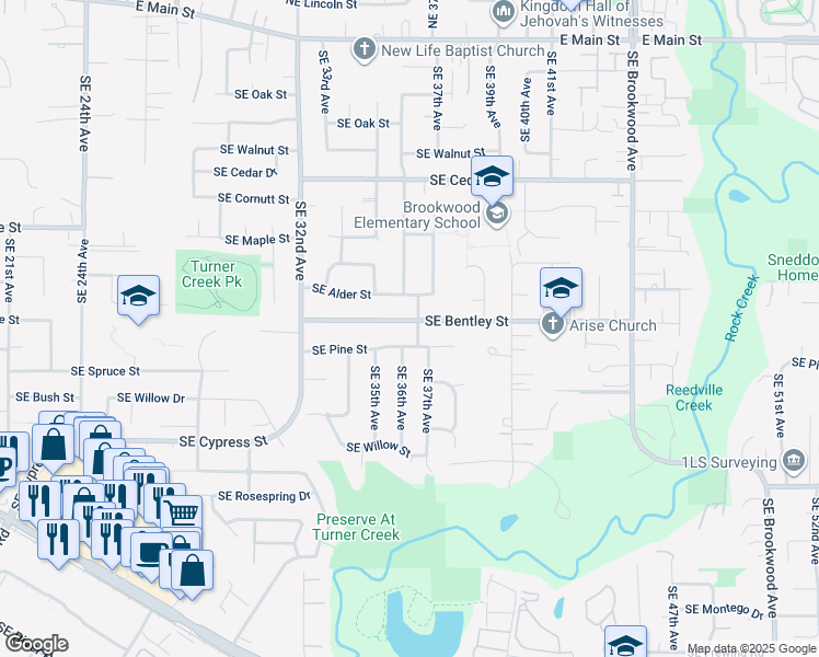map of restaurants, bars, coffee shops, grocery stores, and more near 3654 Southeast Bentley Street in Hillsboro