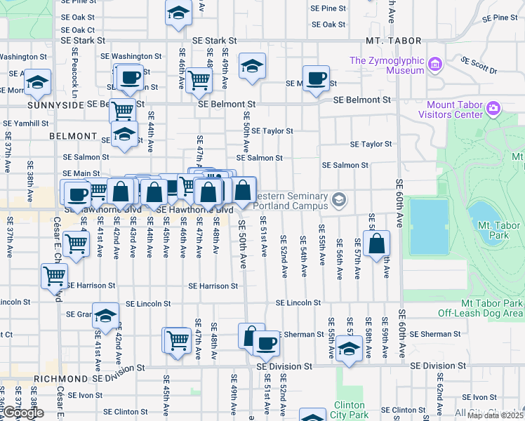 map of restaurants, bars, coffee shops, grocery stores, and more near 1536 Southeast 51st Avenue in Portland