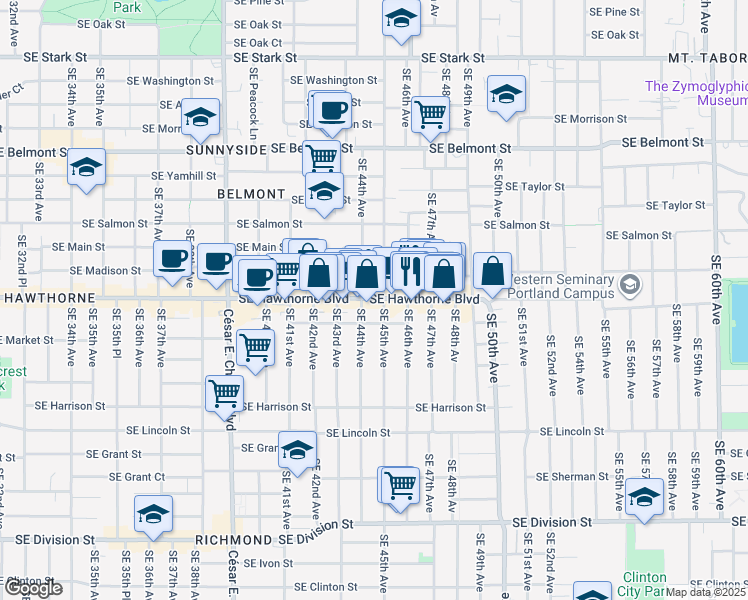 map of restaurants, bars, coffee shops, grocery stores, and more near 1532 Southeast 45th Avenue in Portland