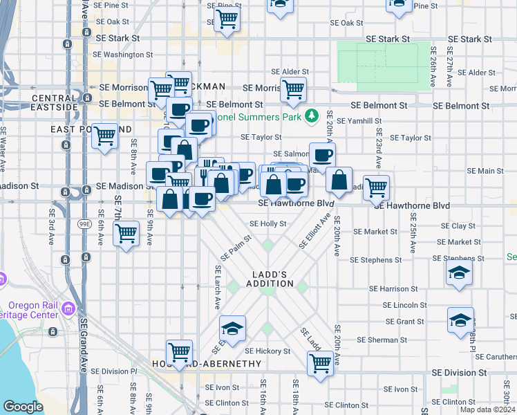 map of restaurants, bars, coffee shops, grocery stores, and more near 1517 Southeast Holly Street in Portland