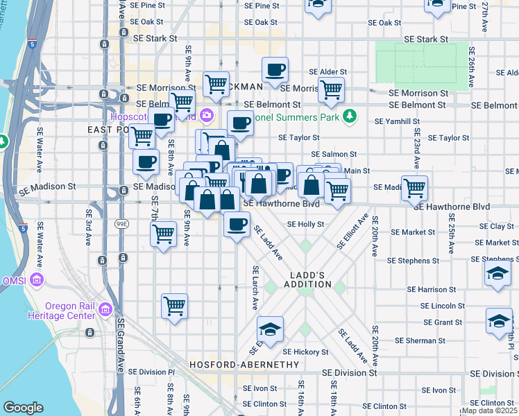 map of restaurants, bars, coffee shops, grocery stores, and more near in Portland