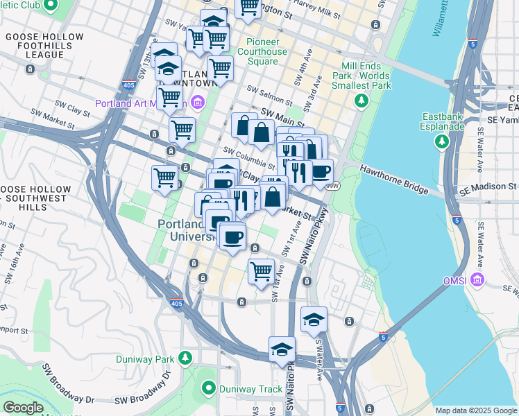 map of restaurants, bars, coffee shops, grocery stores, and more near 325 Southwest Harrison Street in Portland