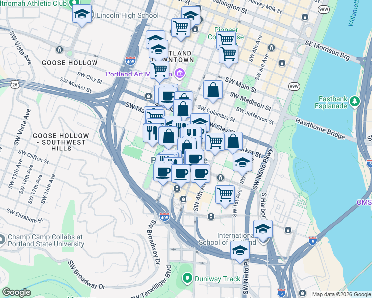 map of restaurants, bars, coffee shops, grocery stores, and more near 1828 Southwest Broadway in Portland
