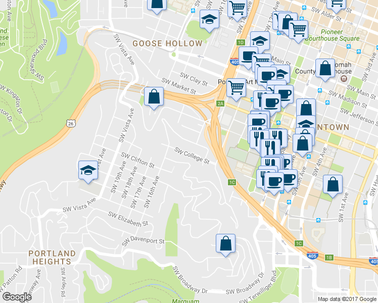 map of restaurants, bars, coffee shops, grocery stores, and more near 1334 Southwest College Street in Portland
