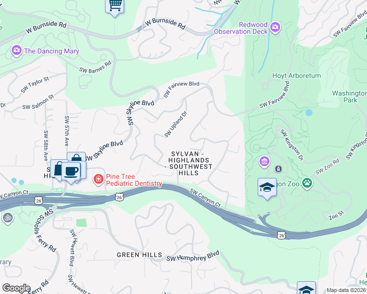 map of restaurants, bars, coffee shops, grocery stores, and more near 1670 Southwest Highland Parkway in Portland