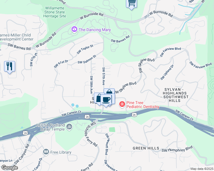 map of restaurants, bars, coffee shops, grocery stores, and more near 1530 Southwest 57th Avenue in Portland