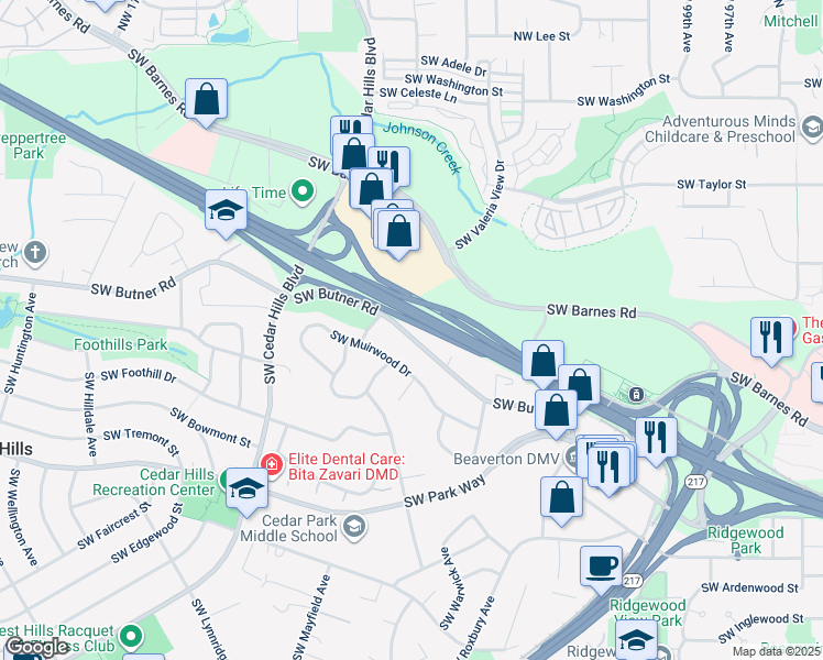 map of restaurants, bars, coffee shops, grocery stores, and more near 10960 Southwest Butner Road in Portland