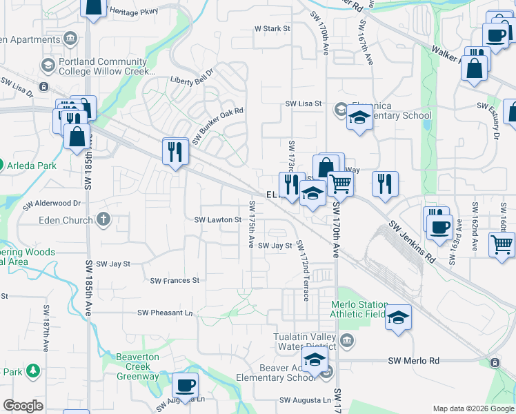 map of restaurants, bars, coffee shops, grocery stores, and more near 17533 Southwest Lawton Street in Beaverton