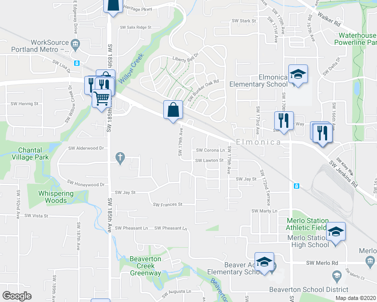 map of restaurants, bars, coffee shops, grocery stores, and more near 17845 Southwest Lawton Street in Beaverton