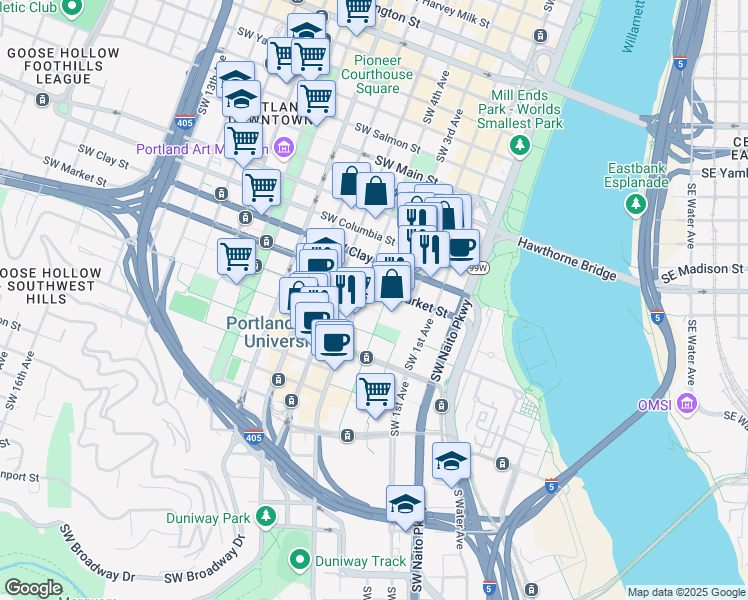 map of restaurants, bars, coffee shops, grocery stores, and more near 1600 Southwest 4th Avenue in Portland