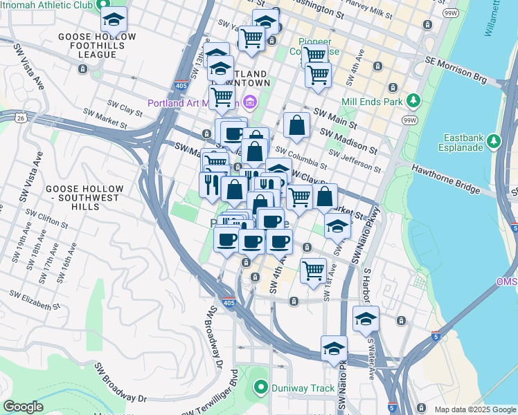 map of restaurants, bars, coffee shops, grocery stores, and more near 617 Southwest Montgomery Street in Portland