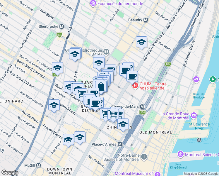map of restaurants, bars, coffee shops, grocery stores, and more near 1265 Rue Sainte-Elisabeth in Montréal