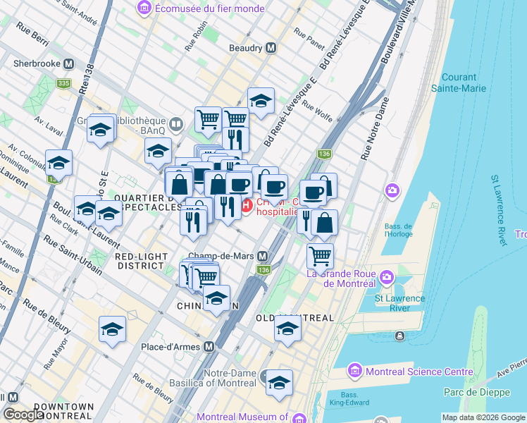 map of restaurants, bars, coffee shops, grocery stores, and more near 1029A Rue Saint-Denis in Montréal
