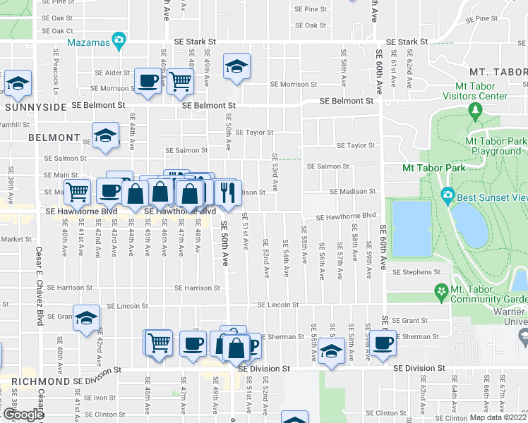 map of restaurants, bars, coffee shops, grocery stores, and more near SE Hawthorne Blvd & SE 52nd Ave in Portland