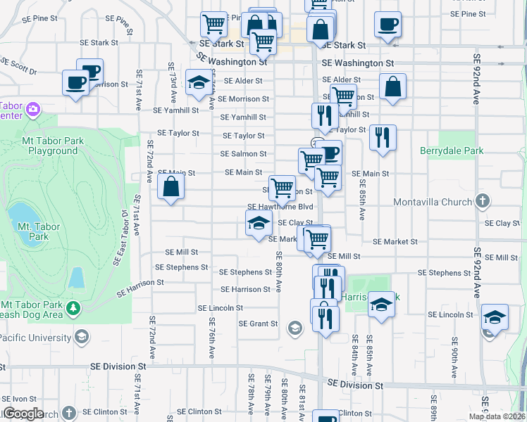 map of restaurants, bars, coffee shops, grocery stores, and more near 7906 Southeast Hawthorne Boulevard in Portland