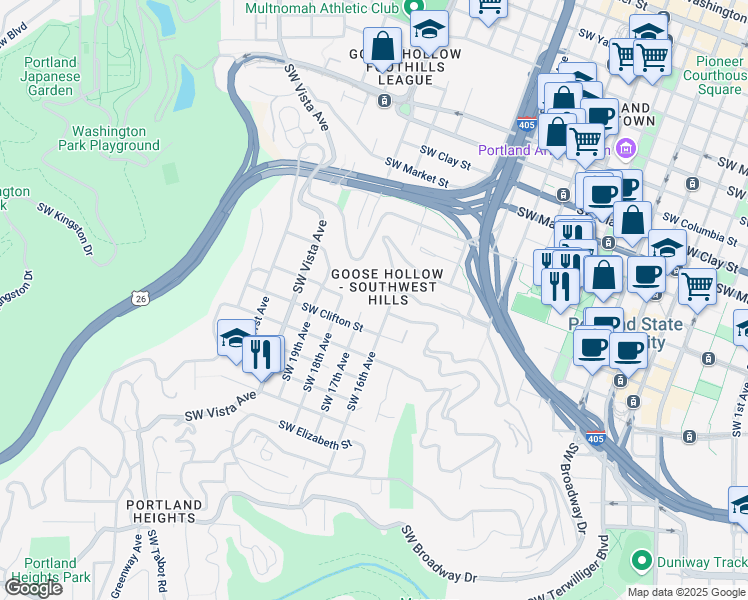 map of restaurants, bars, coffee shops, grocery stores, and more near 1987 Southwest 16th Avenue in Portland