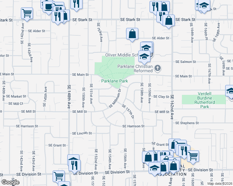 map of restaurants, bars, coffee shops, grocery stores, and more near 1707 Southeast 156th Avenue in Portland
