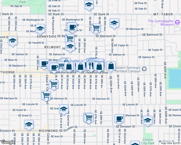 map of restaurants, bars, coffee shops, grocery stores, and more near SE Hawthorne Blvd & SE 46th Ave in Portland