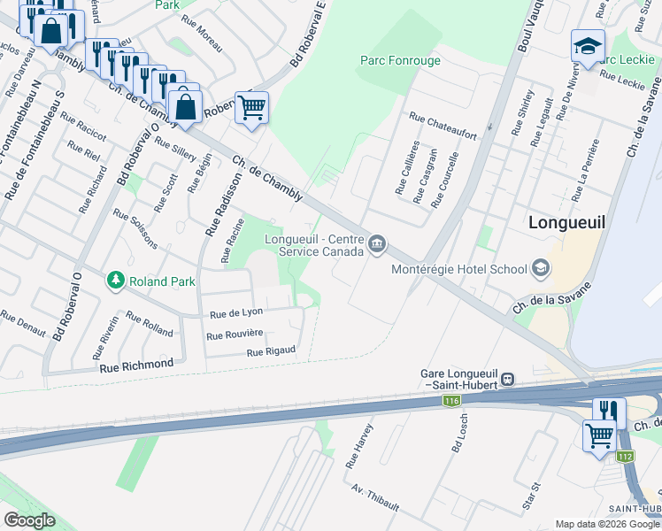 map of restaurants, bars, coffee shops, grocery stores, and more near 193 Rue Cuvillier Ouest in Longueuil