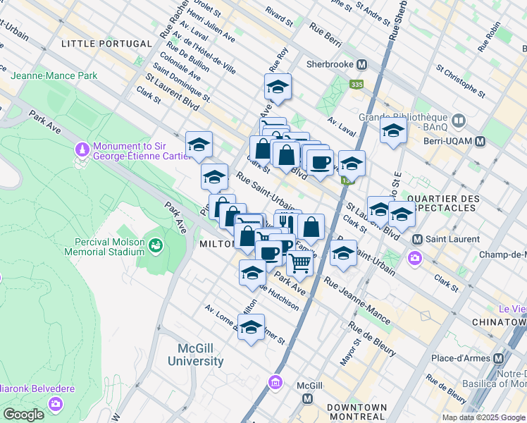 map of restaurants, bars, coffee shops, grocery stores, and more near 152 Prince Arthur Street West in Montreal