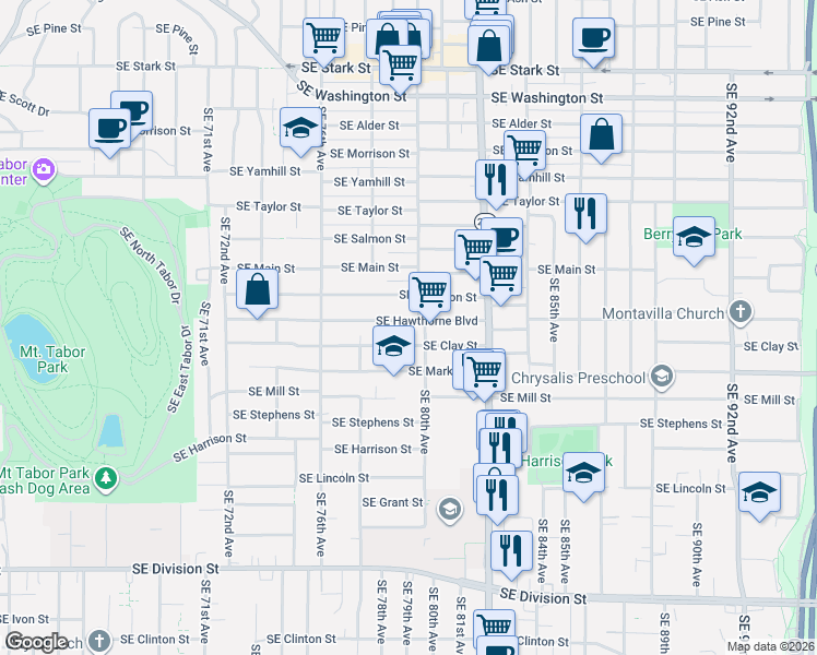 map of restaurants, bars, coffee shops, grocery stores, and more near 7920 Southeast Hawthorne Boulevard in Portland