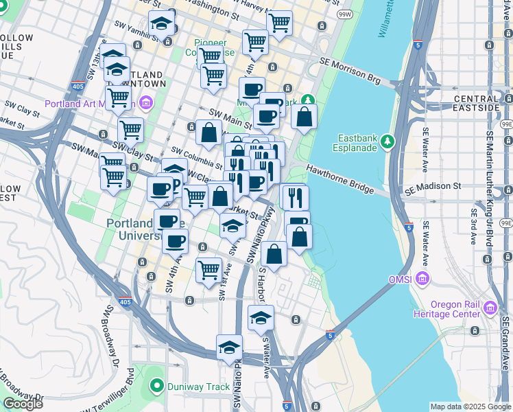 map of restaurants, bars, coffee shops, grocery stores, and more near 1500 Southwest 1st Avenue in Portland