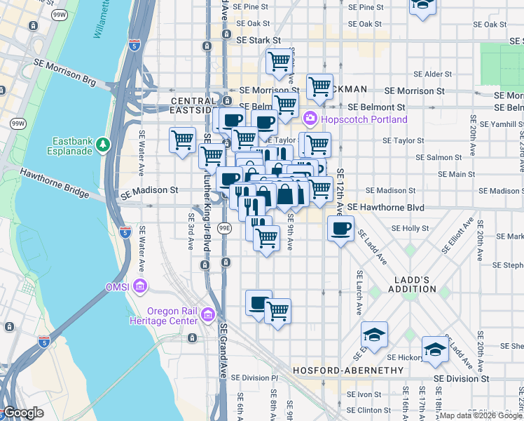 map of restaurants, bars, coffee shops, grocery stores, and more near 700 Southeast Hawthorne Boulevard in Portland