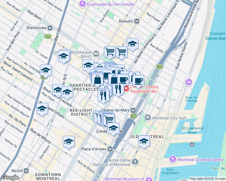 map of restaurants, bars, coffee shops, grocery stores, and more near in Montreal