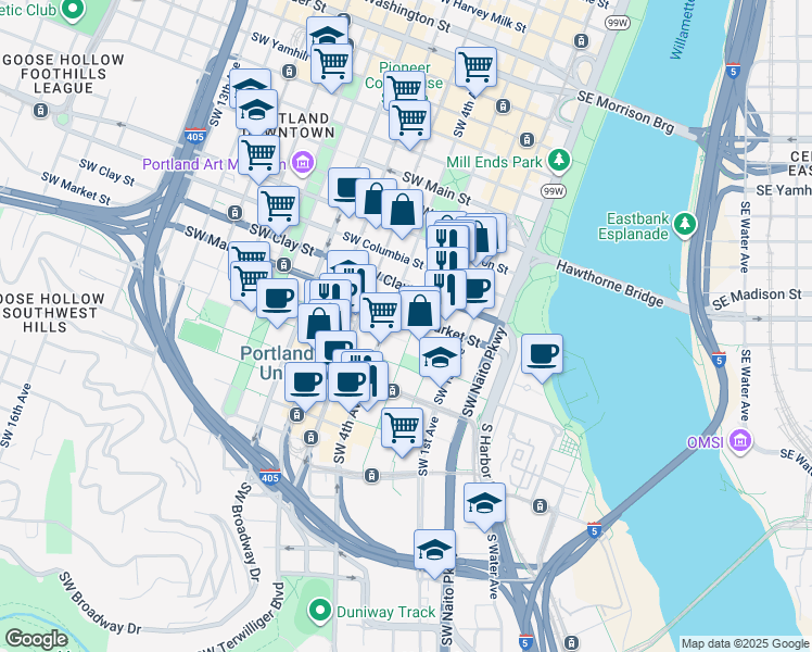 map of restaurants, bars, coffee shops, grocery stores, and more near 1600 Southwest 4th Avenue in Portland
