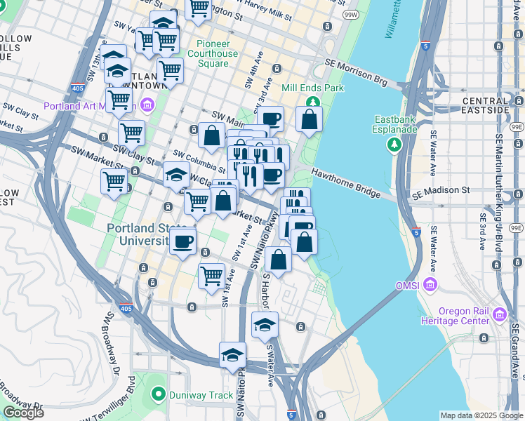 map of restaurants, bars, coffee shops, grocery stores, and more near South Harbor Drive in Portland