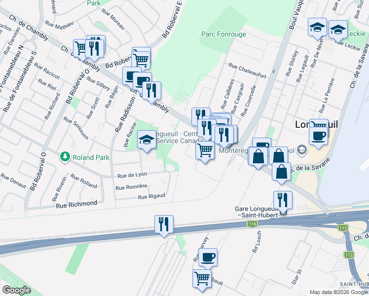 map of restaurants, bars, coffee shops, grocery stores, and more near 193 Rue Cuvillier Ouest in Longueuil