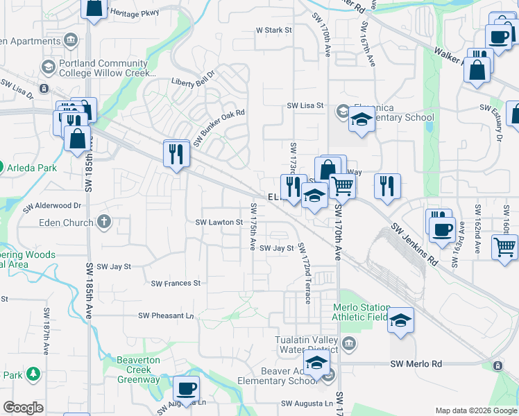 map of restaurants, bars, coffee shops, grocery stores, and more near 17533 Southwest Lawton Street in Beaverton