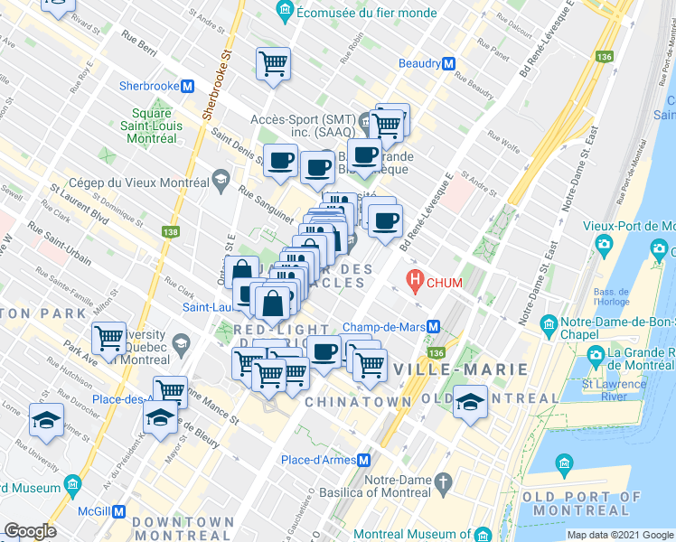 map of restaurants, bars, coffee shops, grocery stores, and more near 1265 Rue Sainte-Élisabeth in Montréal