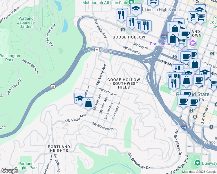 map of restaurants, bars, coffee shops, grocery stores, and more near 1814 Southwest Jackson Street in Portland
