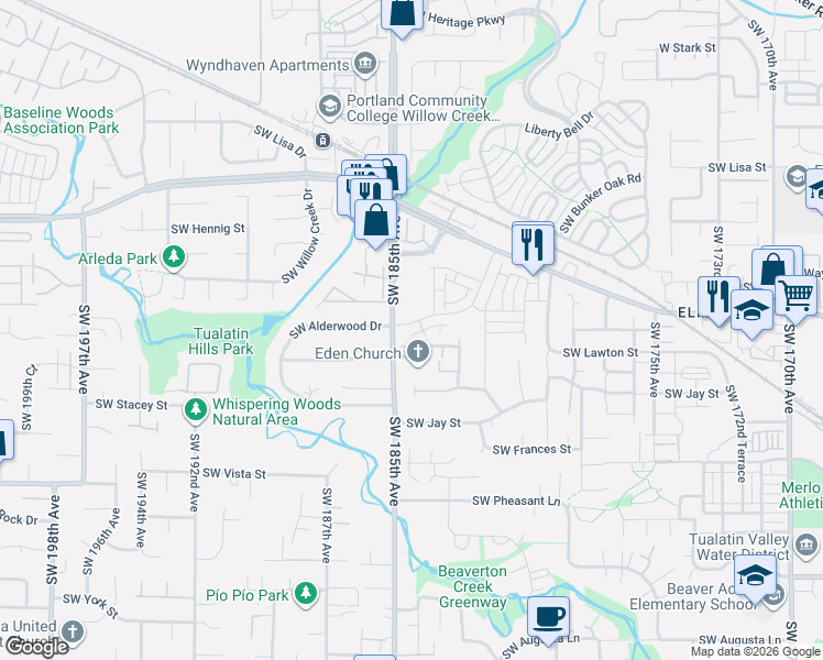 map of restaurants, bars, coffee shops, grocery stores, and more near 18444 Southwest Alderwood Drive in Beaverton
