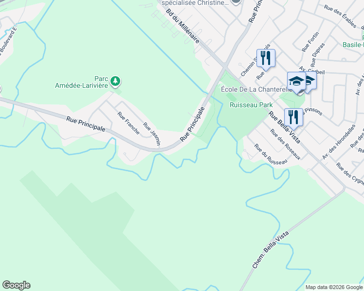 map of restaurants, bars, coffee shops, grocery stores, and more near 348a Rue Principale in Saint-Basile-le-Grand