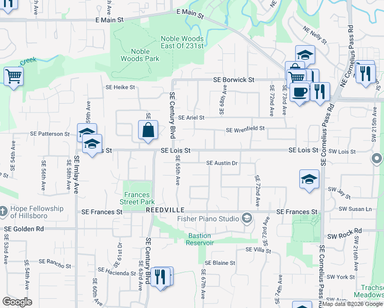 map of restaurants, bars, coffee shops, grocery stores, and more near 6558 Southeast Austin Drive in Hillsboro