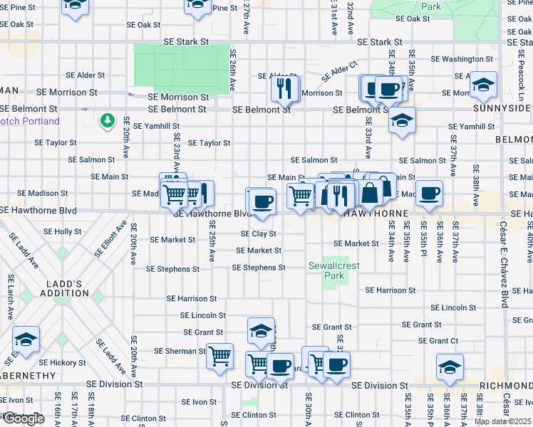 map of restaurants, bars, coffee shops, grocery stores, and more near SE Hawthorne Blvd & SE 28th Ave in Portland