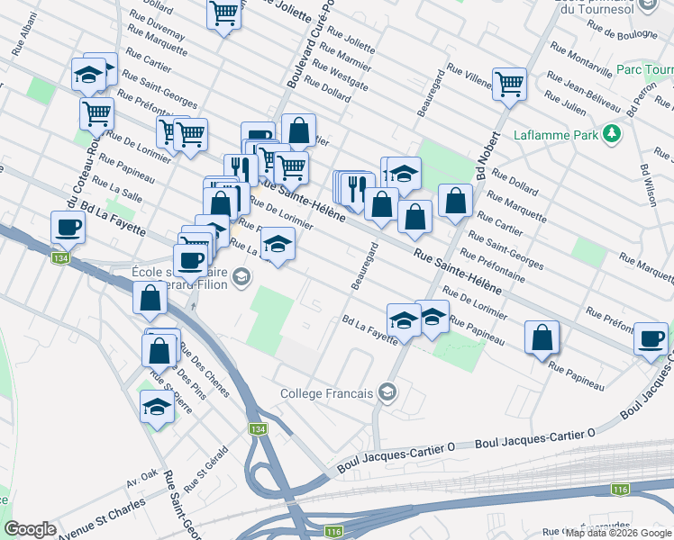 map of restaurants, bars, coffee shops, grocery stores, and more near 2134 Rue Papineau in Longueuil