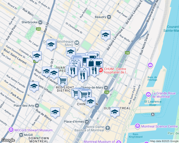 map of restaurants, bars, coffee shops, grocery stores, and more near 315 Boulevard René-Lévesque Est in Montréal