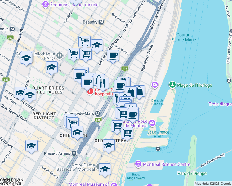 map of restaurants, bars, coffee shops, grocery stores, and more near Rue Saint-Antoine in Montréal