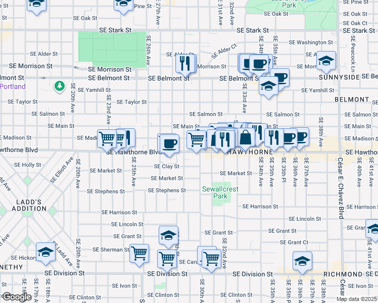 map of restaurants, bars, coffee shops, grocery stores, and more near 2903 Southeast Hawthorne Boulevard in Portland