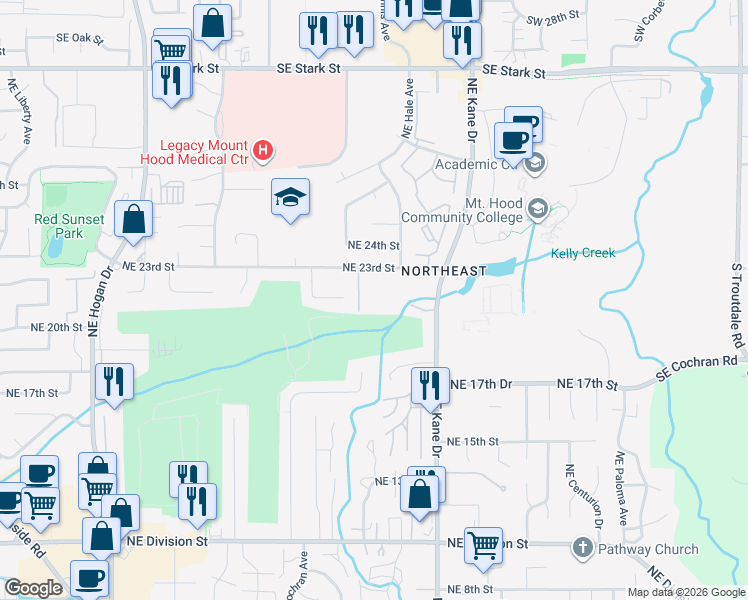 map of restaurants, bars, coffee shops, grocery stores, and more near 2950 Northeast 23rd Street in Gresham