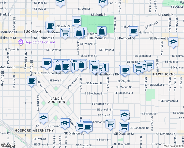 map of restaurants, bars, coffee shops, grocery stores, and more near SE Hawthorne Blvd & SE 22nd Ave in Portland
