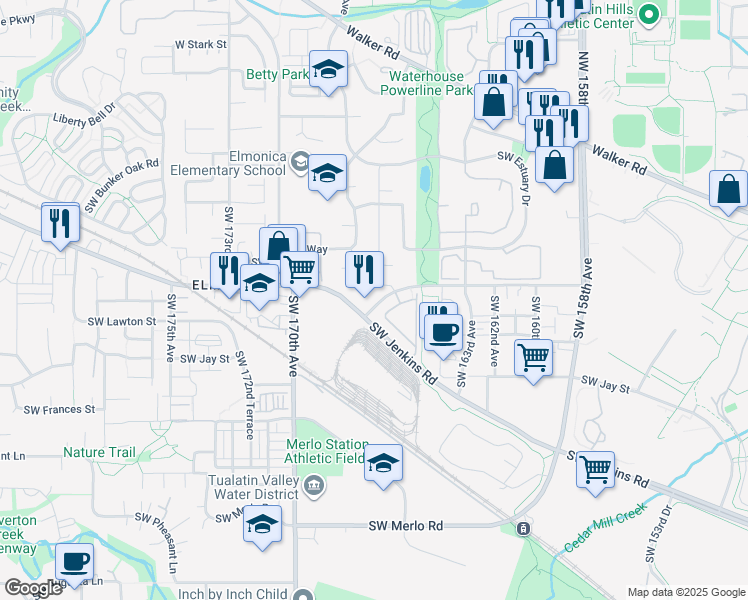 map of restaurants, bars, coffee shops, grocery stores, and more near 16735 West Baseline Road in Beaverton