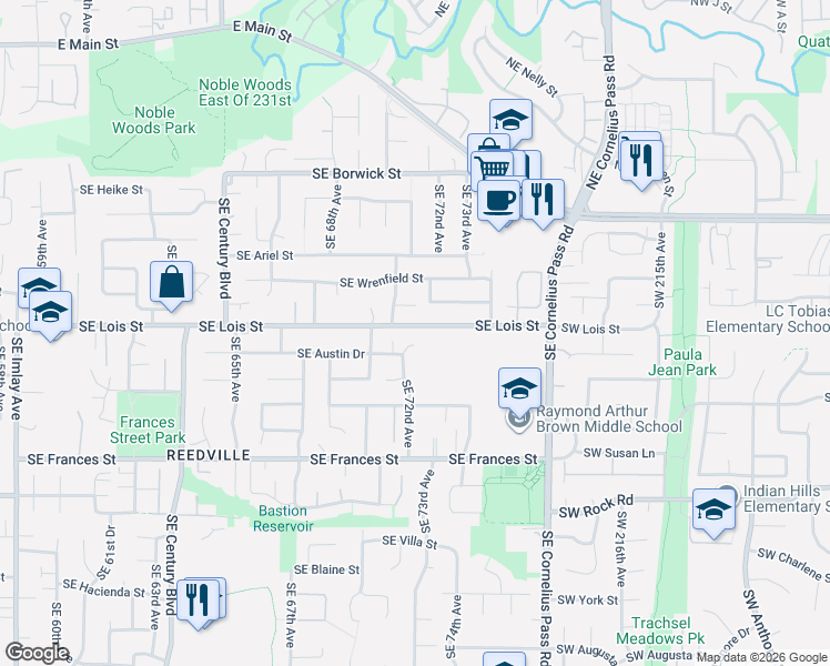 map of restaurants, bars, coffee shops, grocery stores, and more near 7217 Southeast Austin Drive in Hillsboro