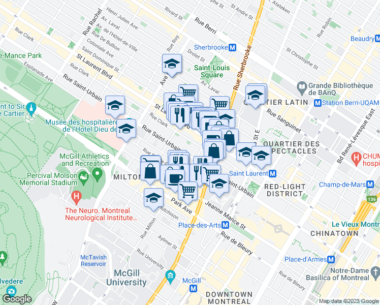 map of restaurants, bars, coffee shops, grocery stores, and more near 3527 Rue Saint-Urbain in Montréal