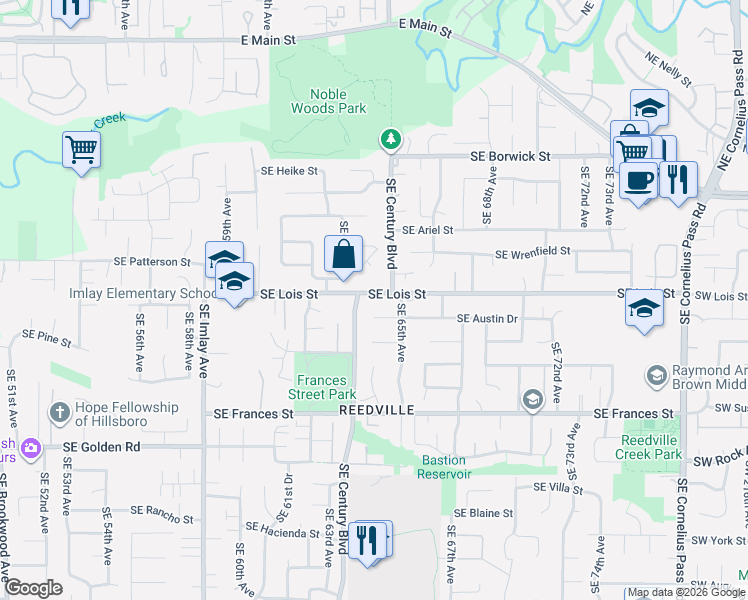 map of restaurants, bars, coffee shops, grocery stores, and more near 6408 Southeast Lois Street in Hillsboro