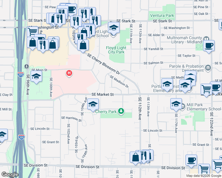 map of restaurants, bars, coffee shops, grocery stores, and more near 10818 Southeast Clay Street in Portland